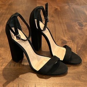 Schutz Black Suede Block Heel Ankle Strap Heels
